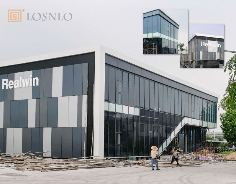 樓上樓高端門窗-江門某不銹鋼公司玻璃、鋁板幕墻工程案例